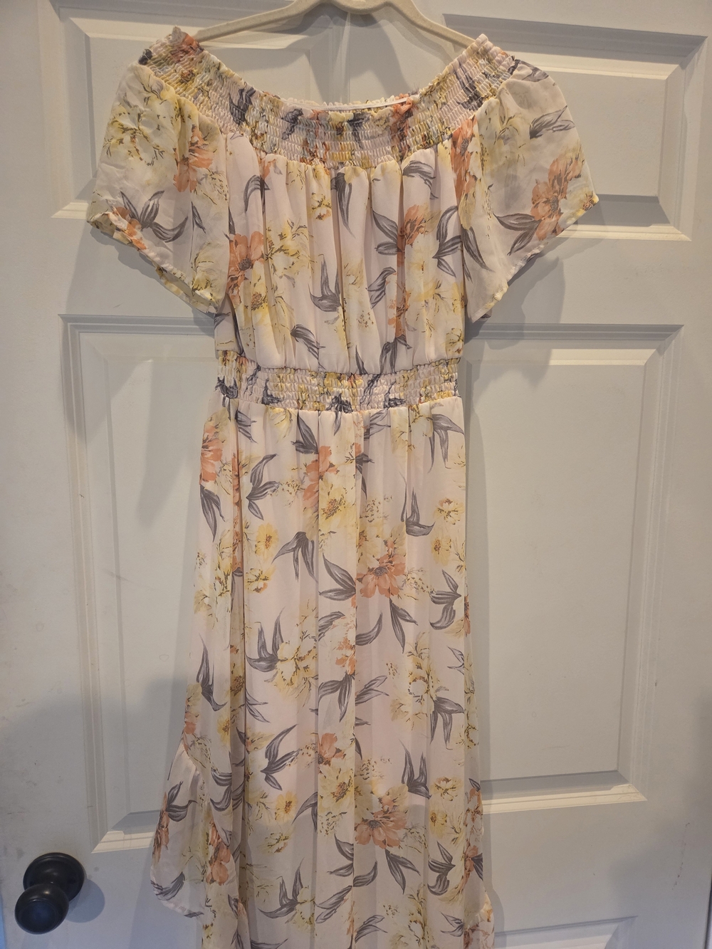 Floral Off-Shoulder Maxi Dress in Pastel Peach & Yellow